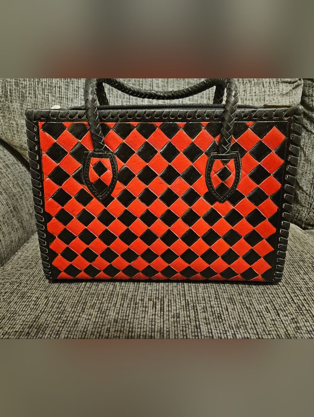 Red and Black Checkered Tote Bag with Braided Straps